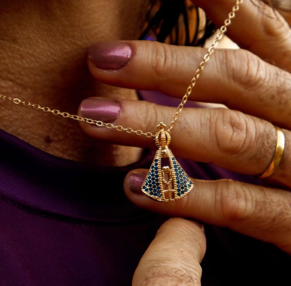 Colar Aura Nossa Senhora Aparecida Dupla Face | Zircônia Premium Ouro 14K